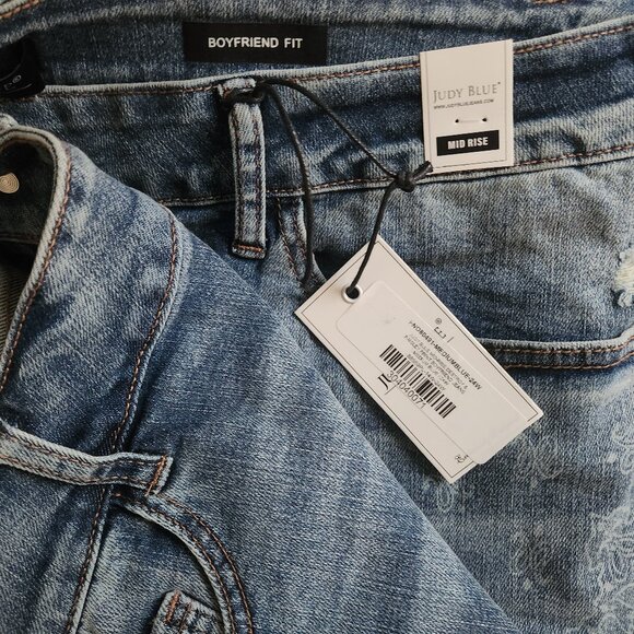 Judy Blue Paisley Bandana Print Mid-Rise Distressed Boyfriend Jeans Plus Sz 24W - Picture 9 of 11